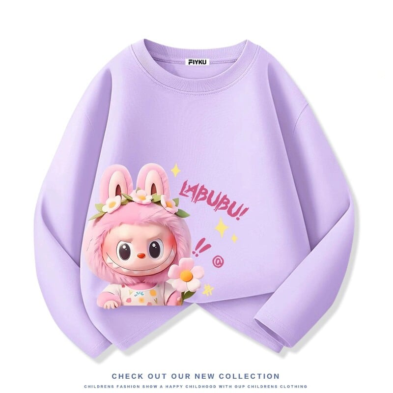 【花冠Labubu】綿100% 子供用 可愛い 長袖Tシャツ オーガニックコットン キュートなプリント 男女兼用