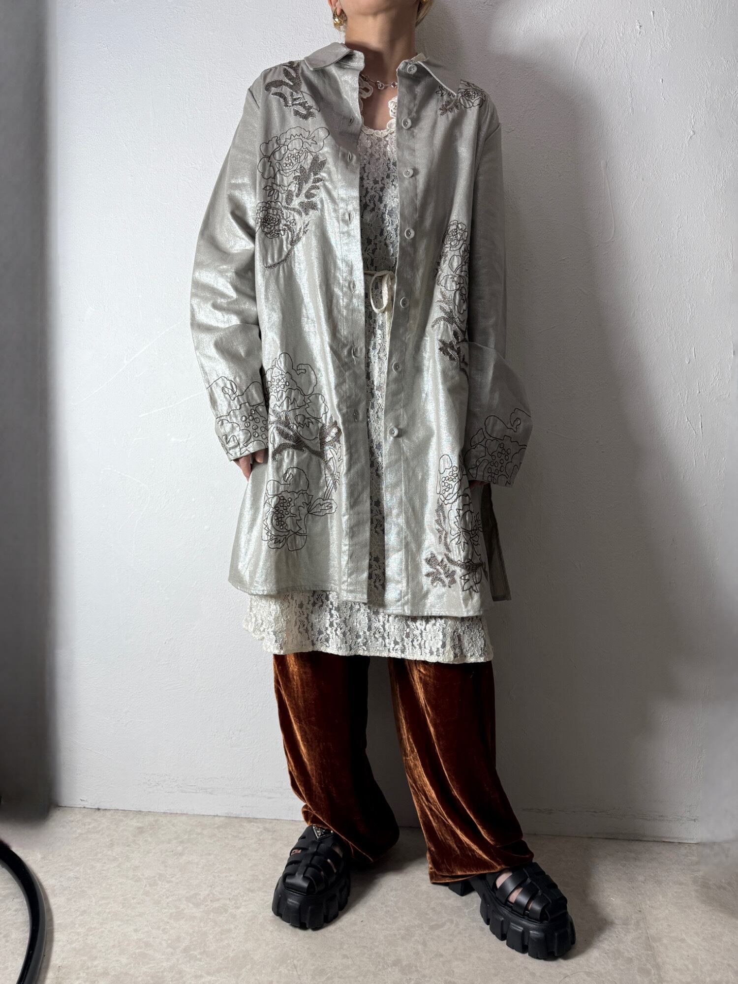 90’s linen cotton botanical design long jacket