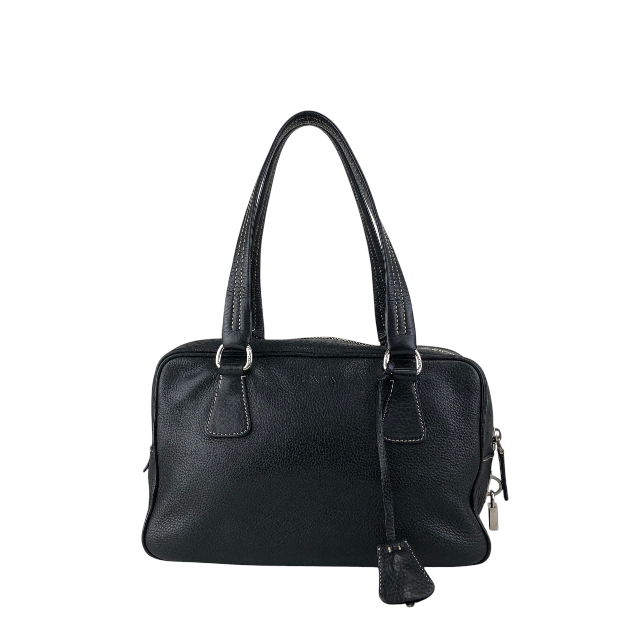 PRADA プラダ ハンドバッグ ブラック ロゴ型押し レザー ミニボストン