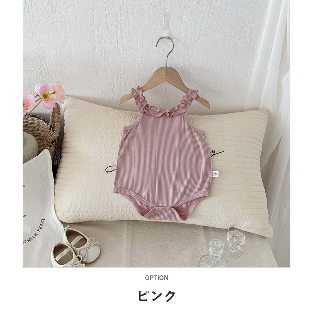 【BABY】フリルリブノースリーブベビーロンパース - 3