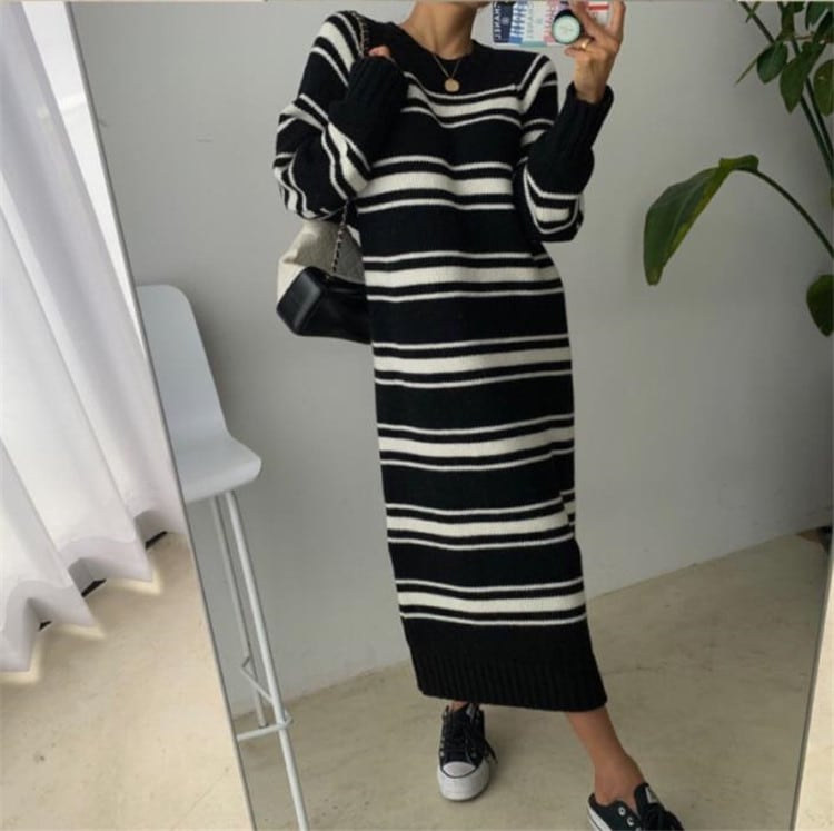 軽やかに、そして華やかに ロングセクション ピュアカラー カジュアル 暖かい 厚手 長袖 ニット ワンピース