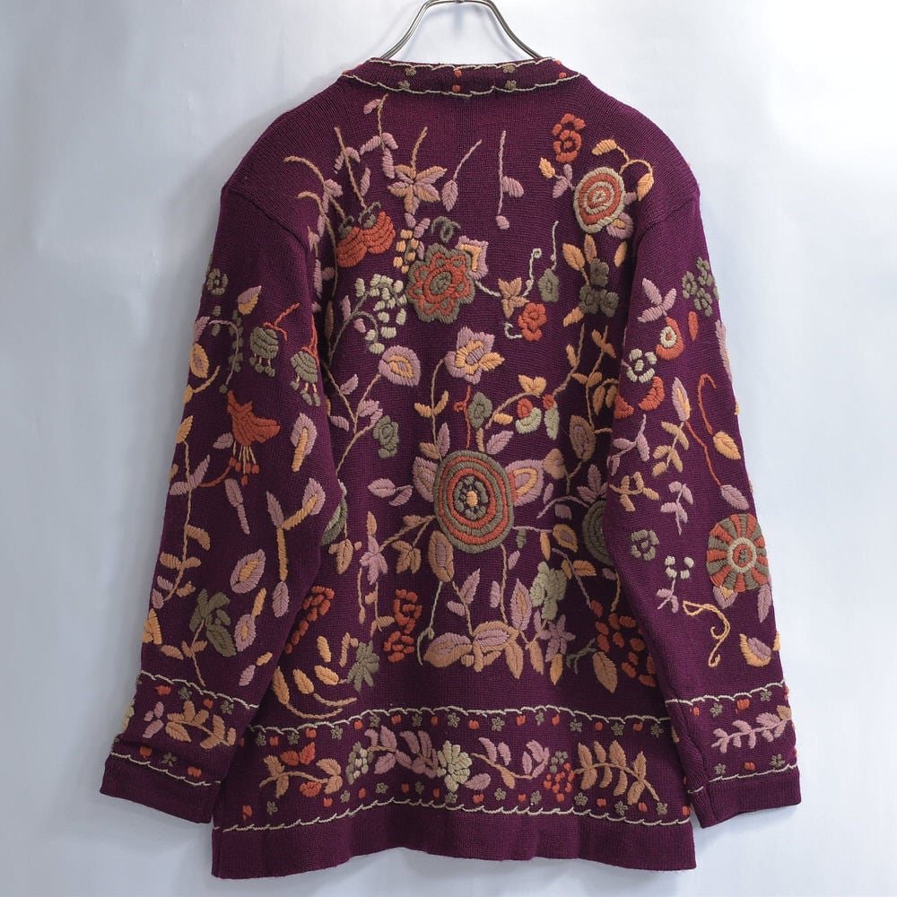 90s～ RUDY フラワー総刺繍 デザイン ウール ニットカーディガン