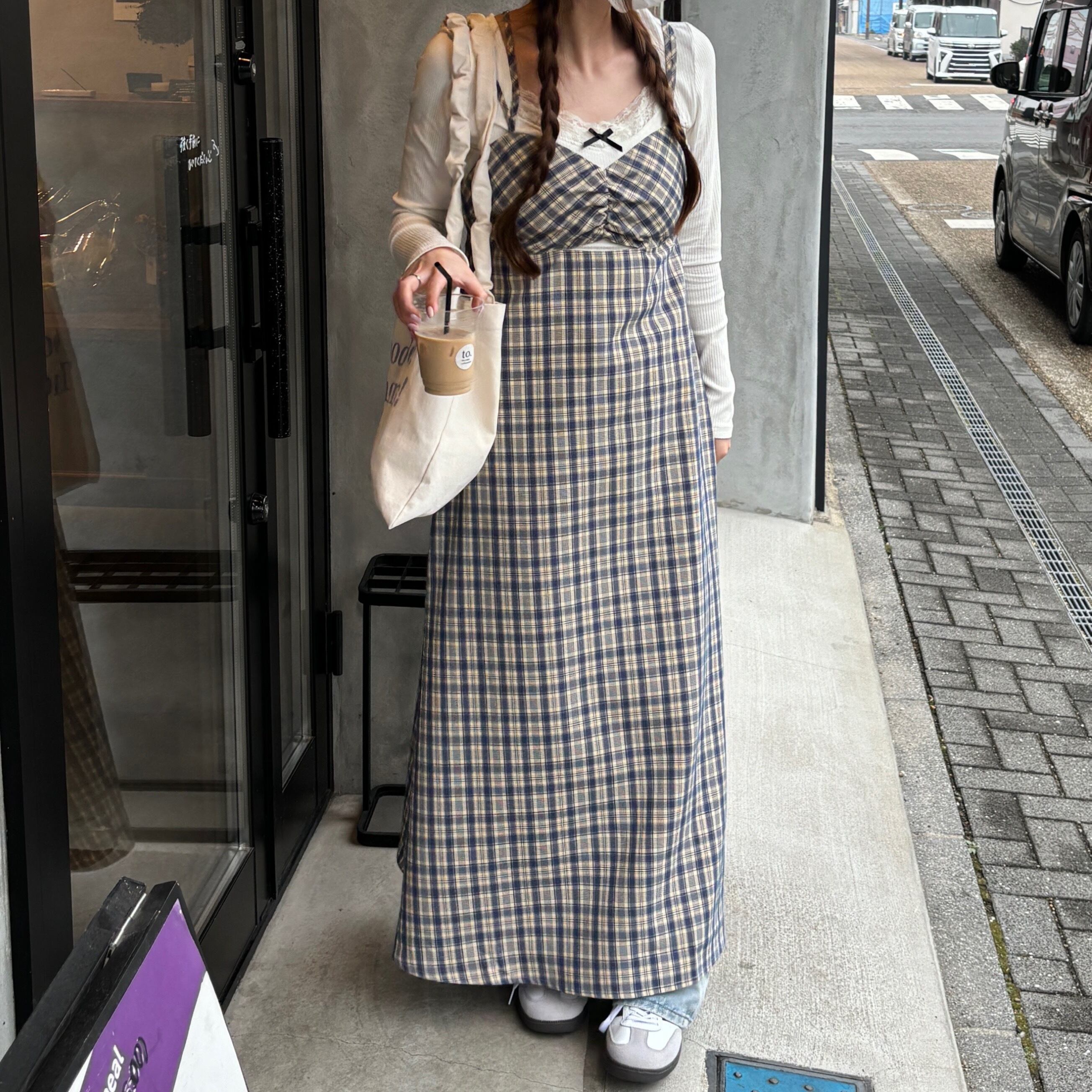 チェック柄カットアウトキャミワンピース【エクリュ】/