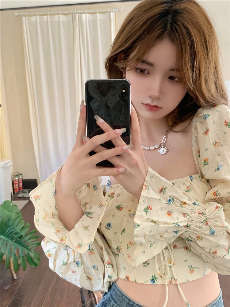 シャツ フローラルサマーショートトップス ロング 夏物 花柄 スクウェア ブラックストロベリース83144823625