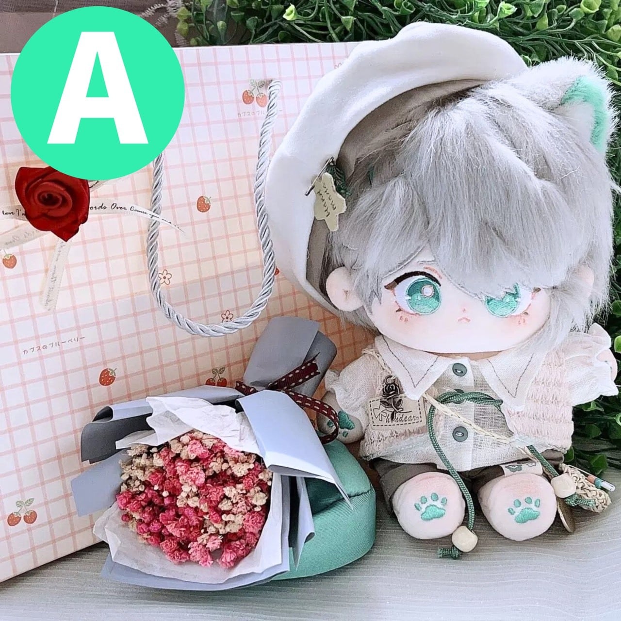ぬい本体 スケルトンあり 骨 20cm ぬいぐるみ さくらんぼ バラ 銀髪 猫