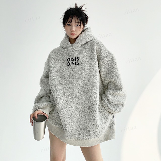 ★予約★D-749　2025秋冬新作♡【セットアップ可能】　OISIS刺繍ロゴボアフーディー　ライトグレー
