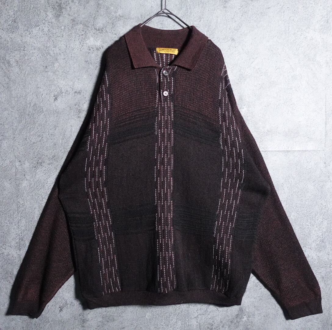 Purple brown striped design knit polo shirt