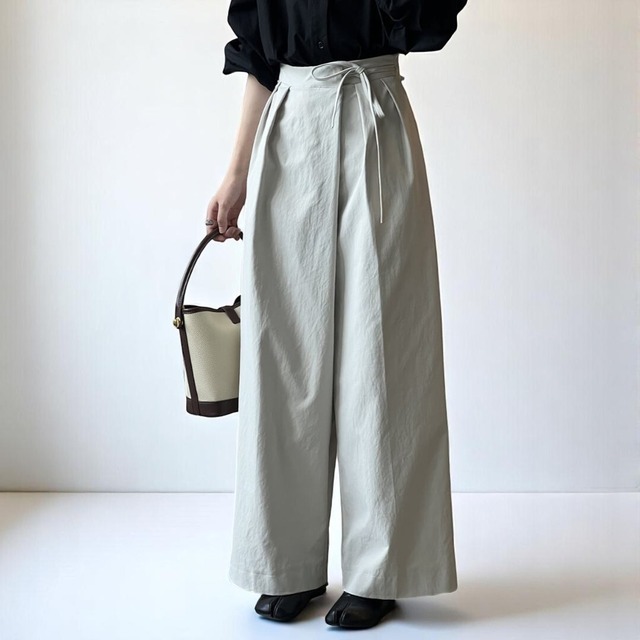 ＜3colors＞Waist ribbon straight wide pants
