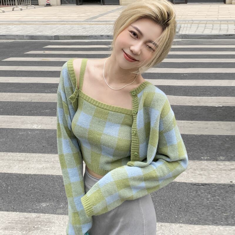 ショート格子柄セーター コート スプリングオータムスタイルニットカーディガン 大人ガーリー スウィート キュート カジュアル 春物 秋物 ピュア スーパーモール55799235783