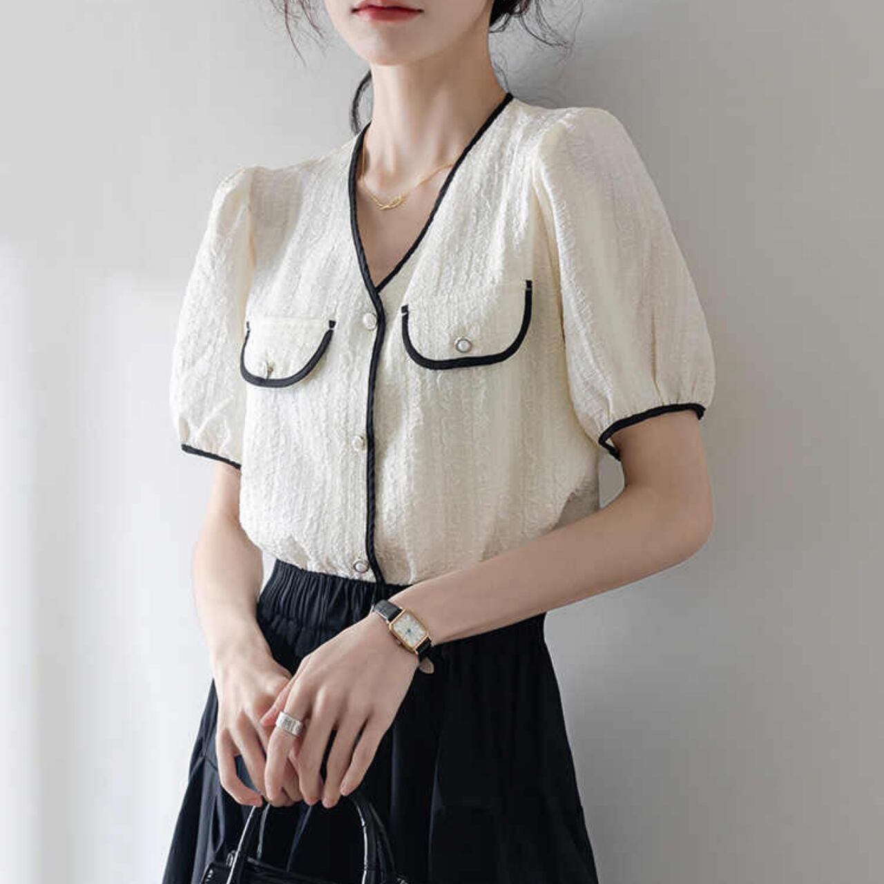 Vネック コントラスト シャツブラウス