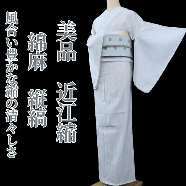 美品 綿麻 縦縞“時を止めて想う…どこか懐かしい縞の親しみ”夏着物 近江 