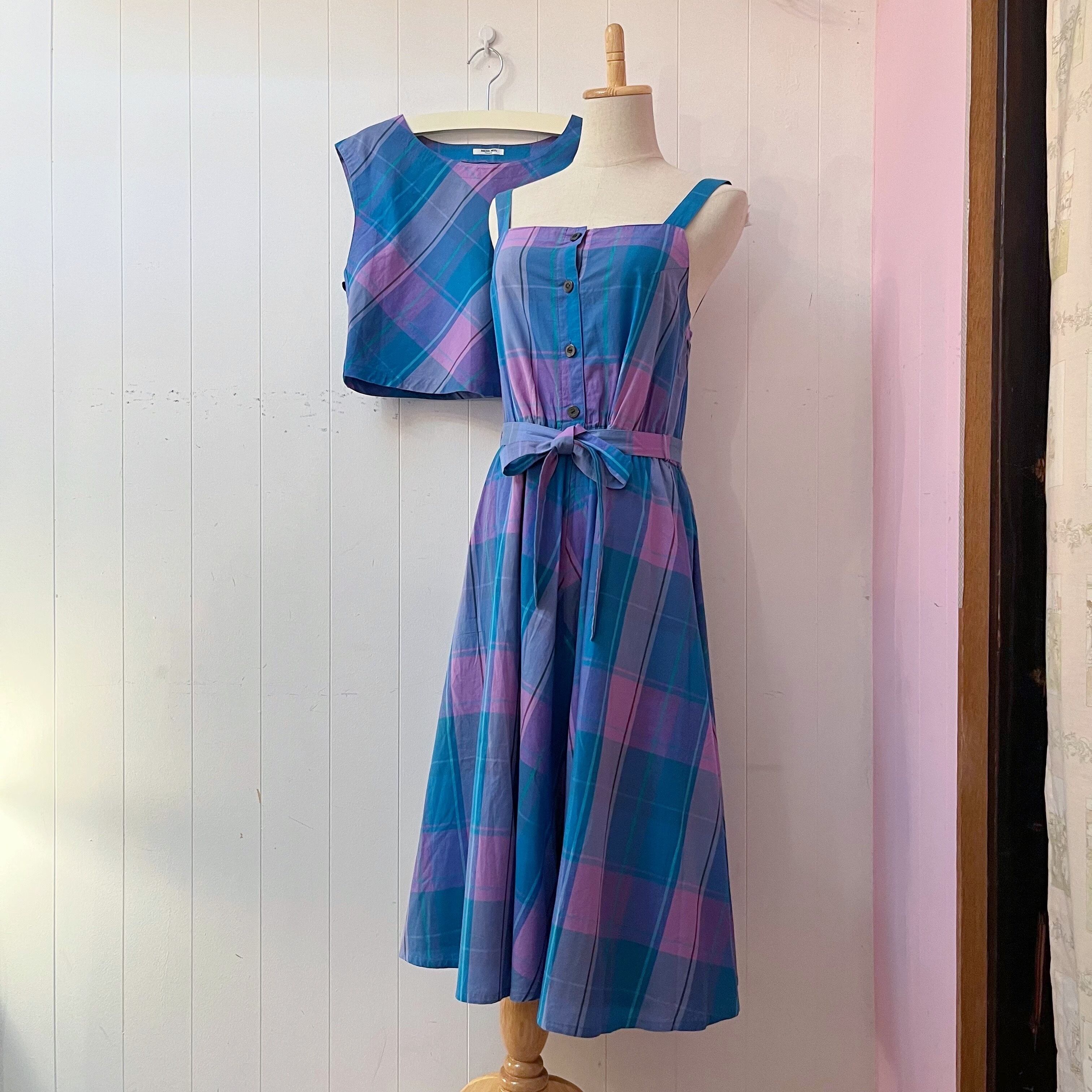 blue pink check ensemble one-piece
