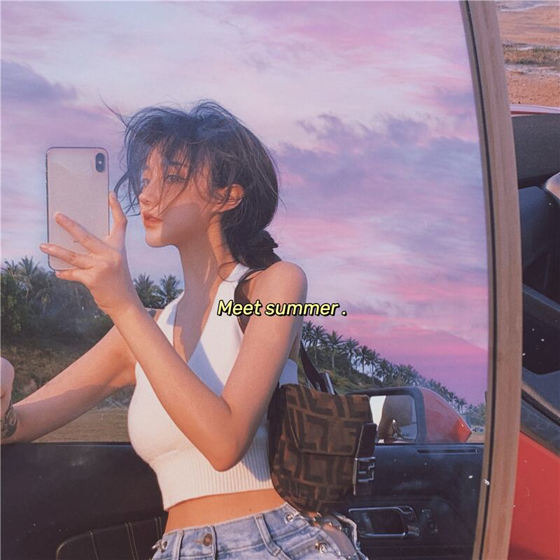 ショートノースリーブニットサマーホルタートップス Vネックシャツ 半袖 ハーフスリーブ 夏物 ブラックストロベリース33849414026