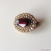 英国アンティークジュエリー 9ctゴールド 天然ロードライトガーネット 真珠 レースピン ブローチ（ソーティングメモ付）