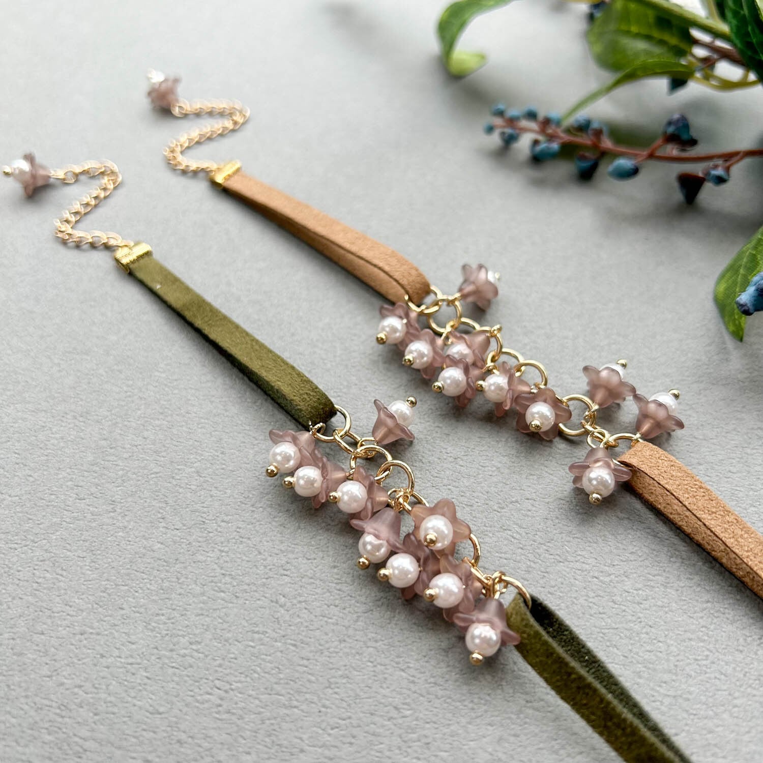 モーブ×パールすずらんのリボンブレスレット | Dua-アクセサリー モーブ×パールすずらんのリボンブレスレット | Dua-アクセサリー
