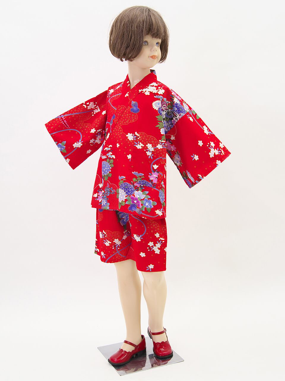 ☆ソフトな着心地☆キッズ 《鈴》和柄甚平【KID'S "THE SYMPHONY OF BEAUTY" JACKET & SHORTS ("JINBEI")】SIZE: SS ~ M(90~110cm)RED/PINK 上下 セットアップ KIDS 綿100% 和風 和服 パジャマ 部屋着 人気 春夏 おうち時間 おうちコーデ お出かけ 夏休み 夏祭り ギフト