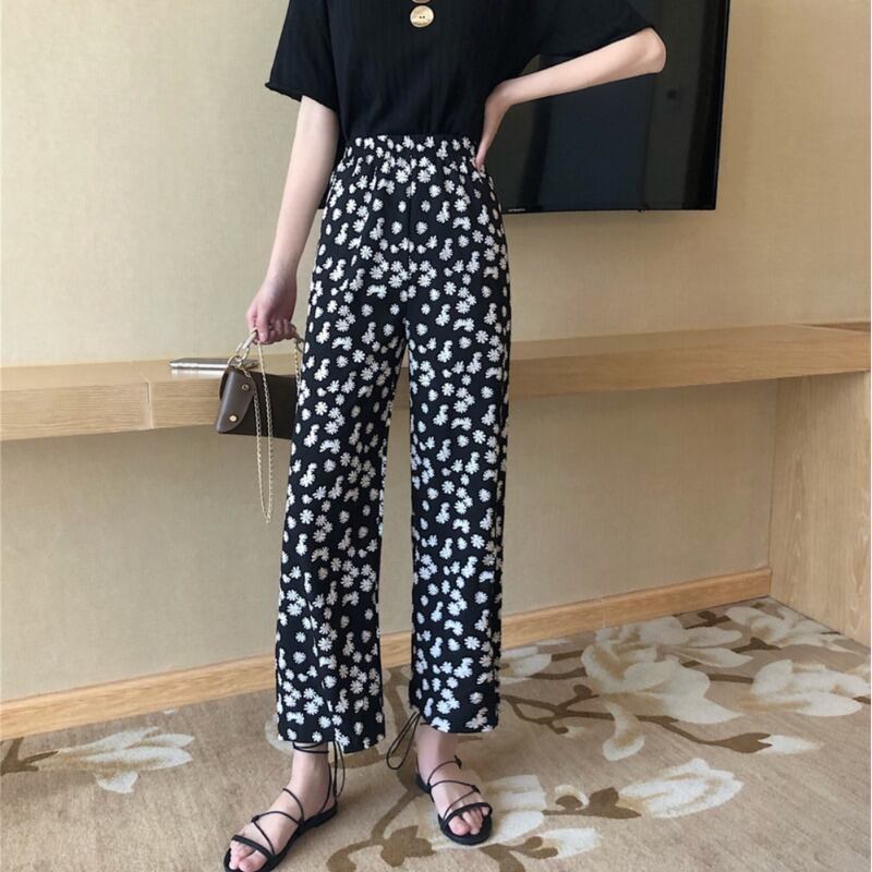 2020年夏の新しい伸縮性のあるハイウエストシンルーズワイドレッグパンツレディースストレートドレープスモールデイジーカジュアルパンツ 1号婦人43689782556