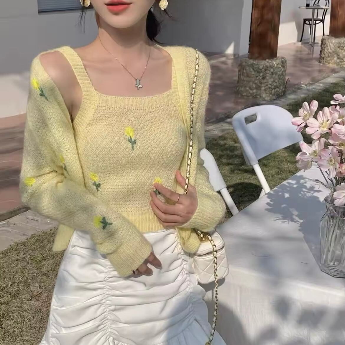 フラワーステッチカーディガンセット