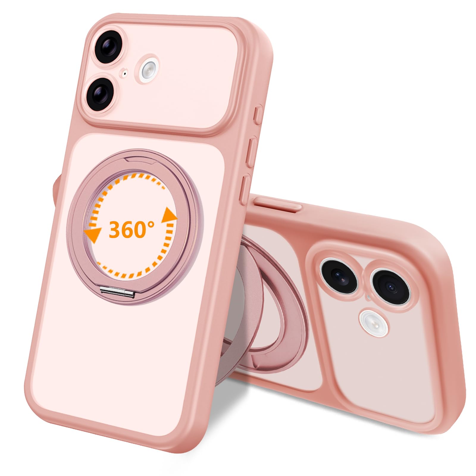 danliangqifei iPhone 16 用 ケース リング 多機能一体・360°回転スタンド Magsafe対応 高耐久性 いphone 16 用 耐衝撃 米軍規格 リング 縦横両対応 マグネット搭載 ワイヤレス充電 あいふおん16 用 カバー(ピンク)