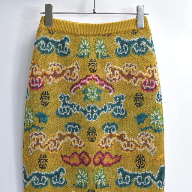 80～90s KENZO ケンゾー ウールニットスカート ジャカード オリエンタルパターン 漢字 雲柄 花柄 タイトスカート ロング丈 カラシ色 ヴィンテージ ビンテージ 古着 レディースM相当