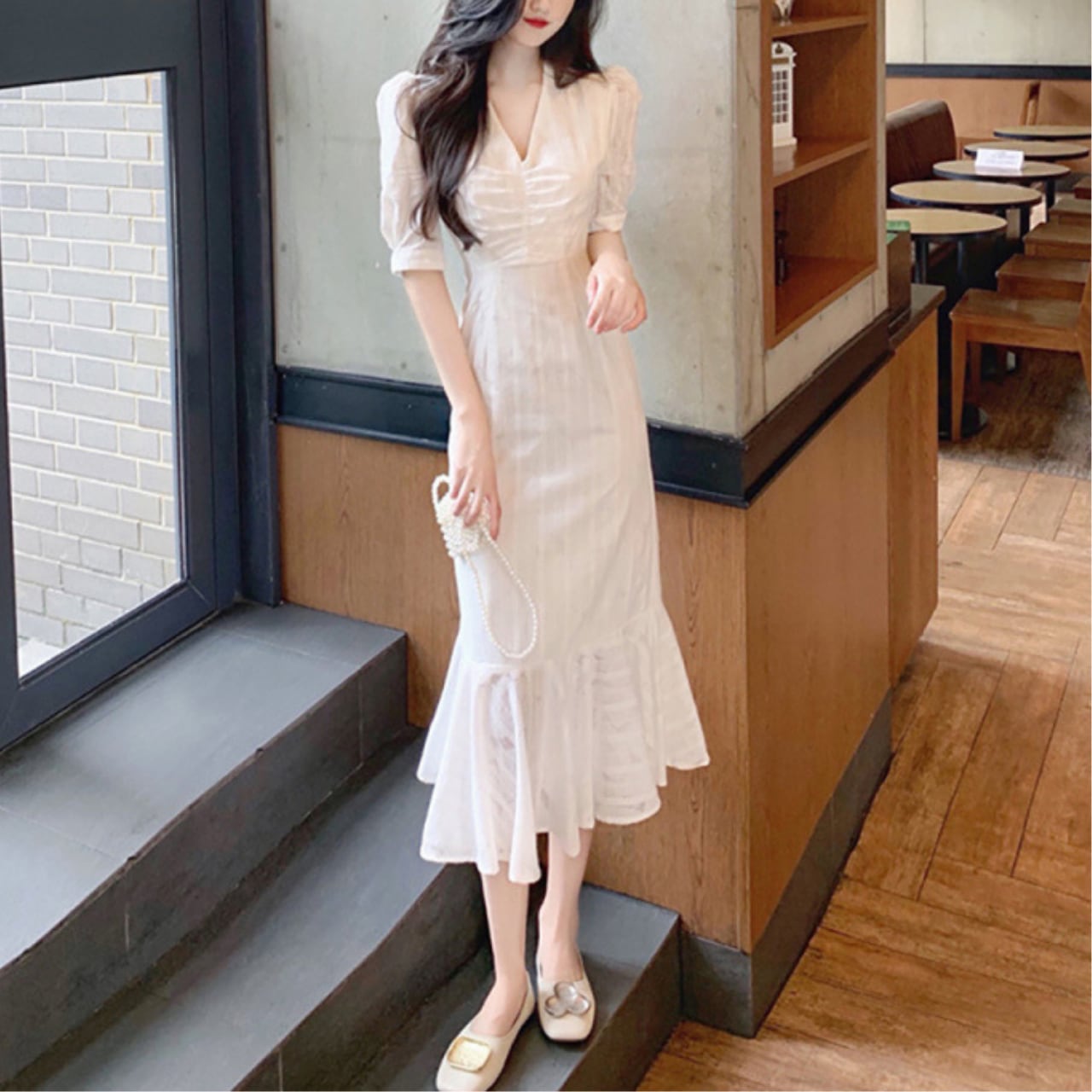 シャーリング スリーブ マーメイド ワンピース W60