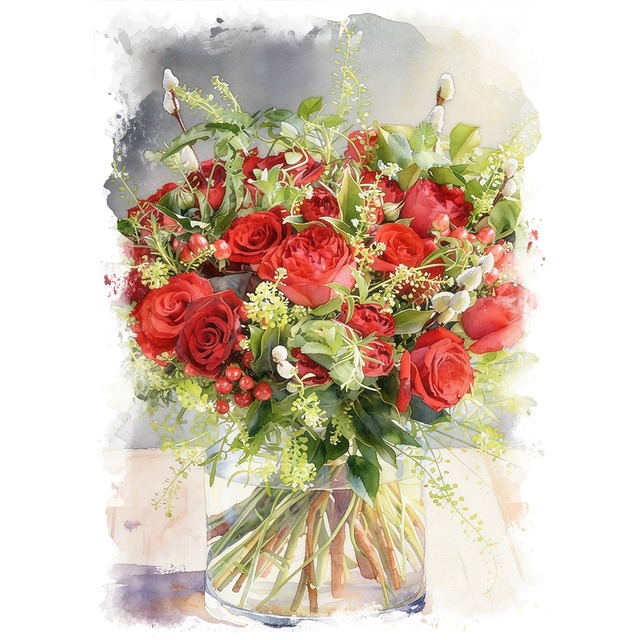 絵画 花(フラワー) 花瓶のバラ インテリアアート額付き 水彩画・油絵調 WAT0620