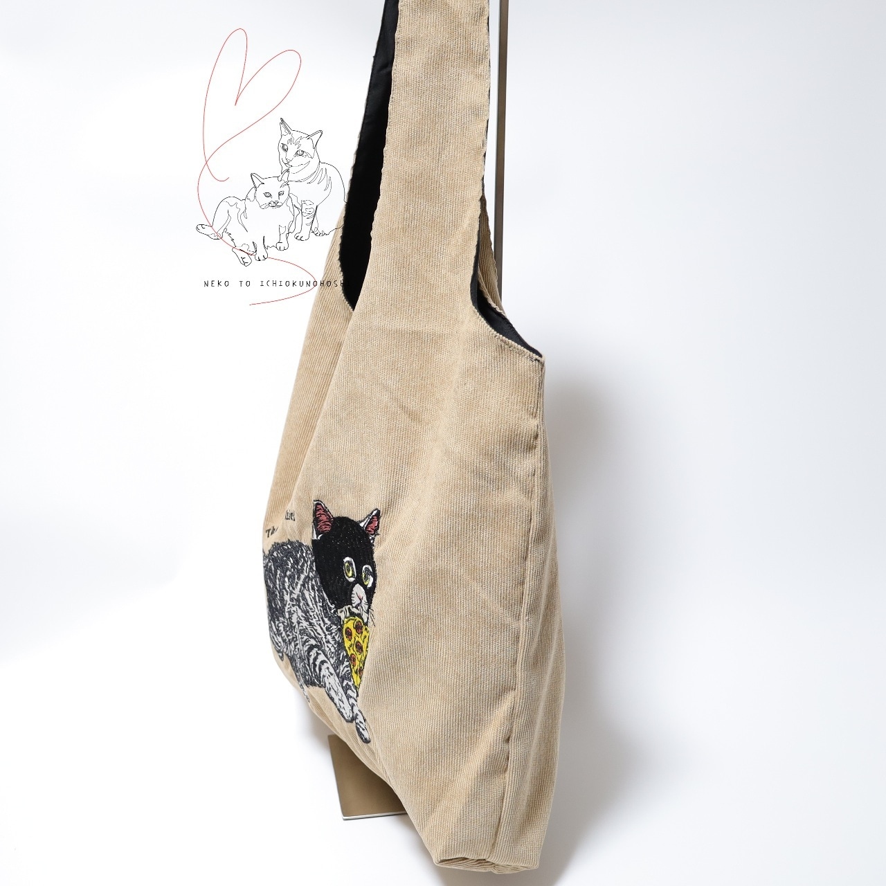 Jubilee 猫デザイン刺繡コーデュロイトートバッグ ベージュ