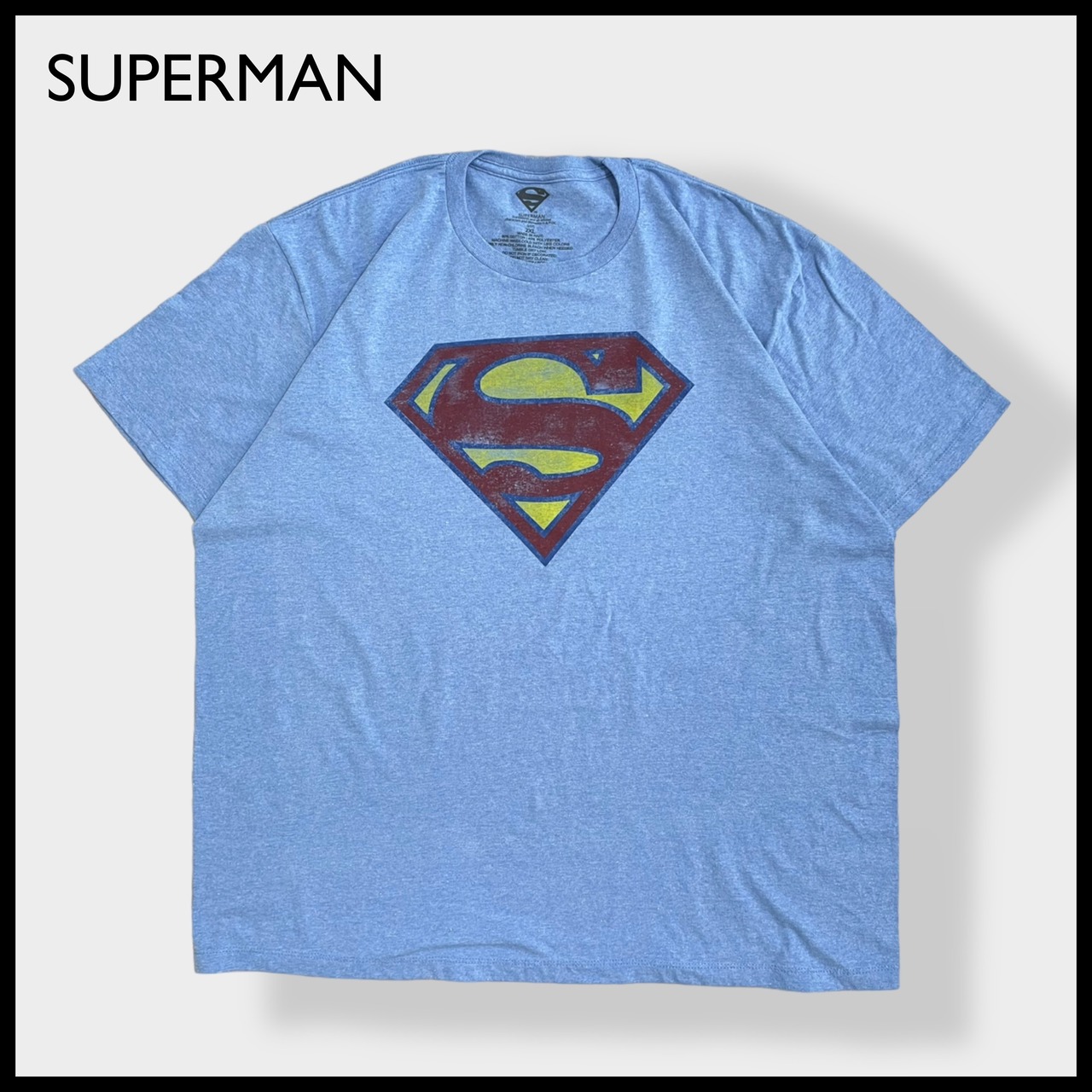 【SUPERMAN】2XL ビッグサイズ Tシャツ スーパーマン キャラt アメコミ DCコミック 映画 ヒーロー ロゴ プリント 半袖 ライトブルー US古着