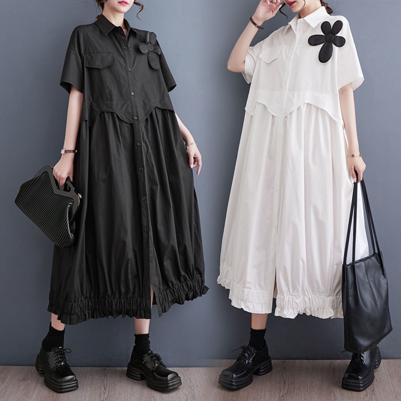 Flower Frill Shirt Dress / フラワー フリル シャツ ワンピース