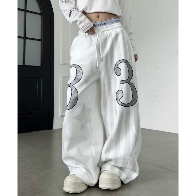 スターストライプアシンメトリーワイドラインスウェットパンツ 1col R02645