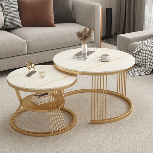 ネストテーブル セット 2個組 円形 コーヒーテーブル リビングテーブル 大理石調 金属フレーム モダン おしゃれ 重ねられる 省スペース インテリア 北欧風