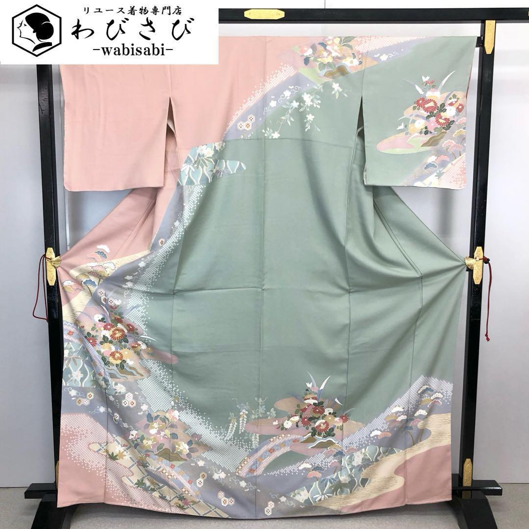 訪問着 蝋彩染作家 中嶋博司 美しい桜の花模様 水縹色 ガード加工 K 