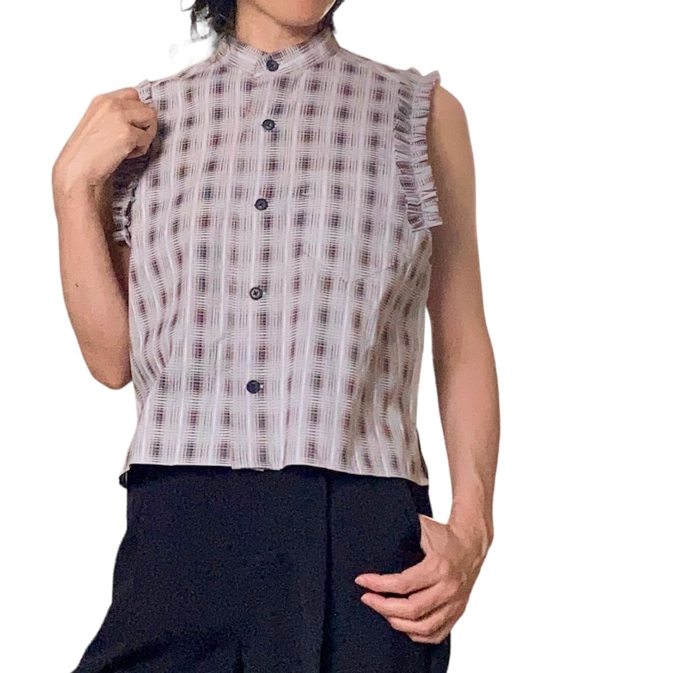 ZOZOTTE リメイク ノースリーブフリル付きブラウス/グレー系柄