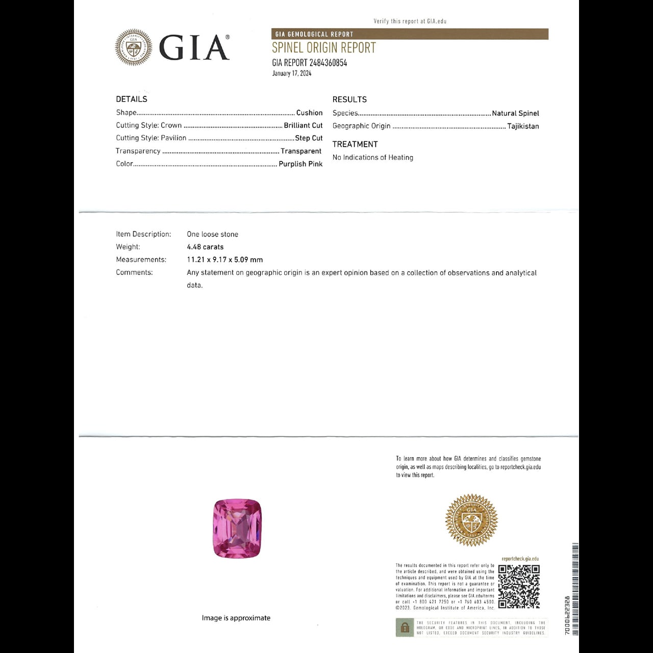 天然【非加熱】スピネル・パープリッシュピンク 4.48ct GIA鑑別書