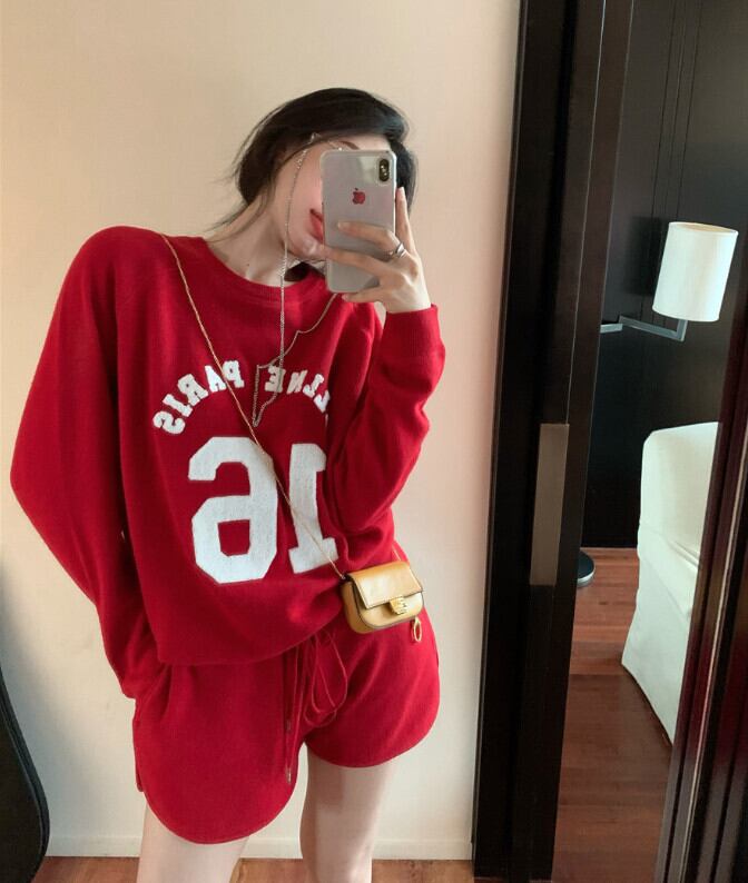 オータムレッドニットトップス ショーツ ロング 秋物 ブルマー モンロー32025925658