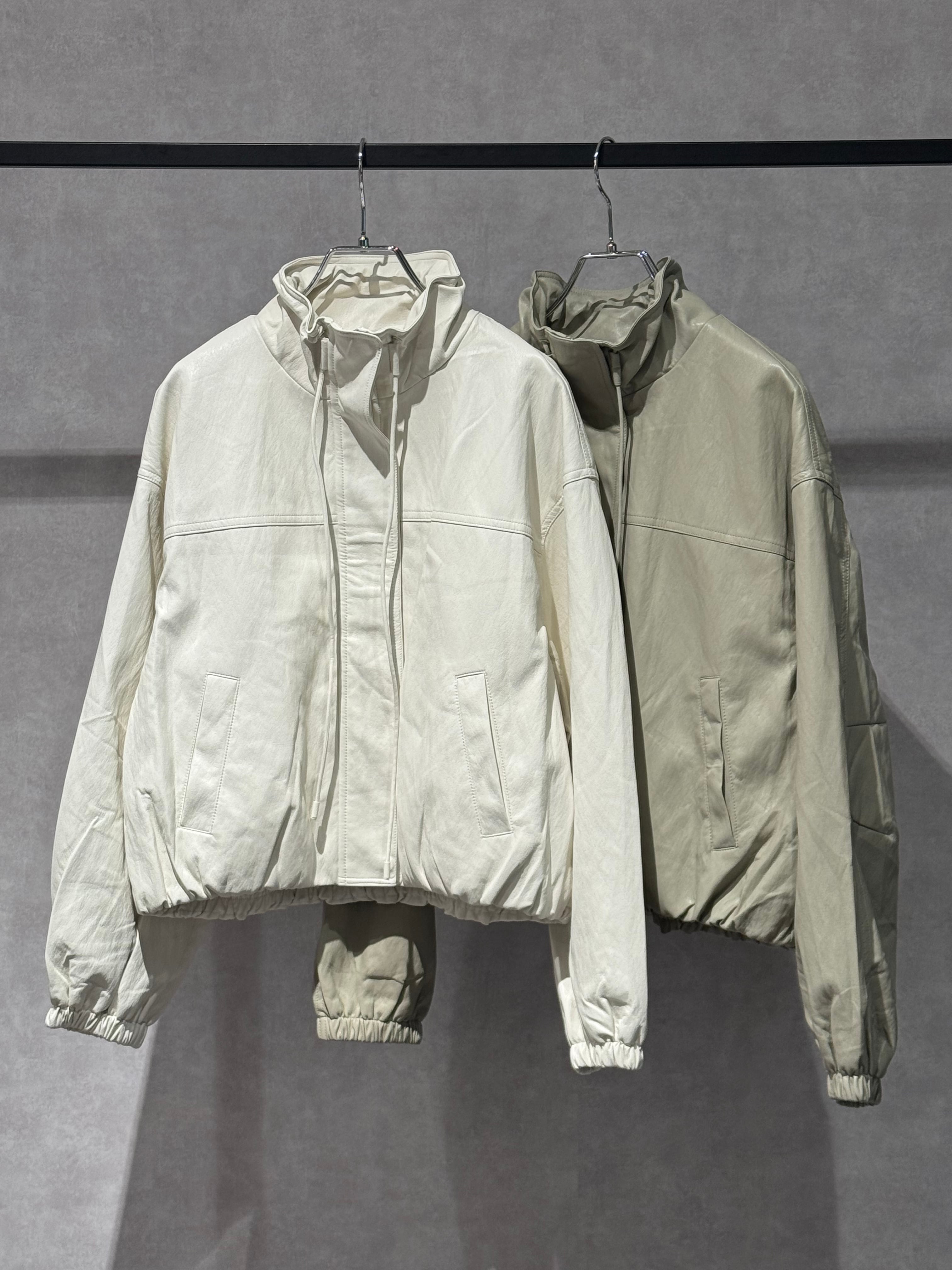 draw code stand neck leather jacket