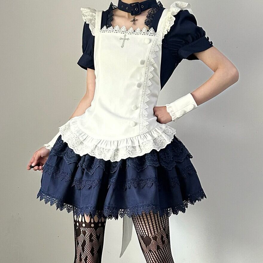 【芹】ゴスロリ・ロリータドレス ネイビー Lサイズ ロリータファッション ゴスロリネイビーメイド服5点セット | ロリィタ