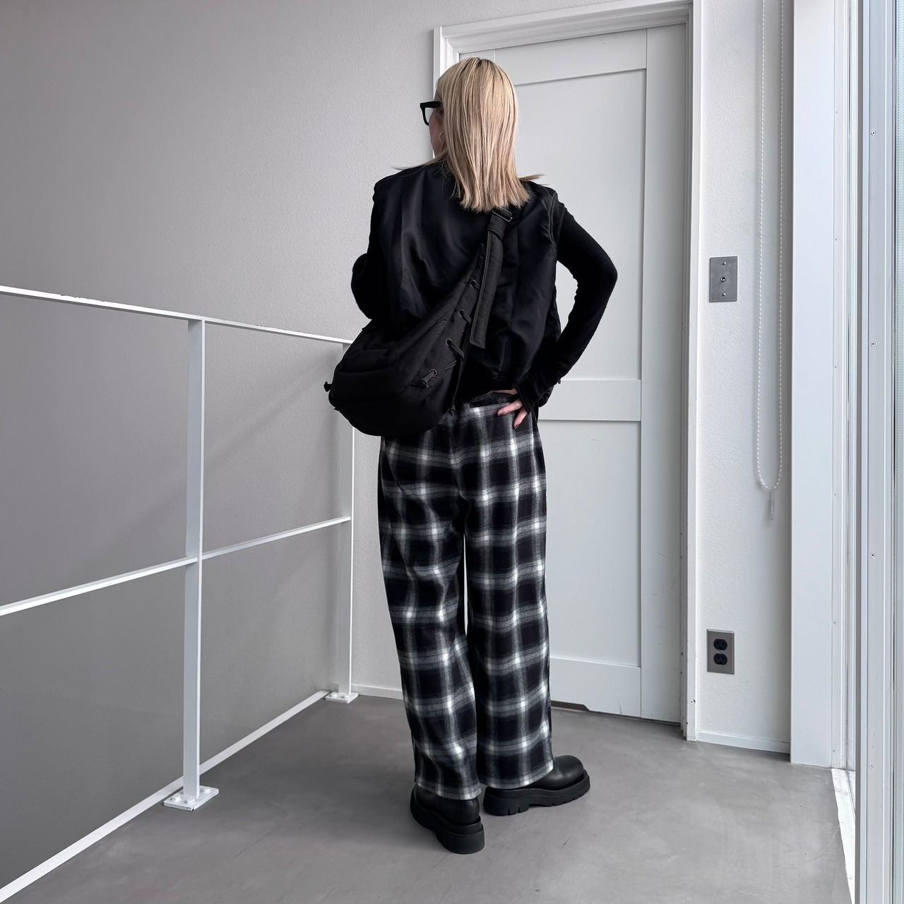 Double pleated ombre check PT/black