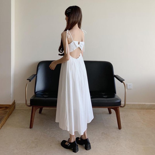 ホルターバックホワイトドレス サマーウェスト薄手スカート 大人ガーリー スウィート キュート カジュアル 夏物 萌量不足3852828612