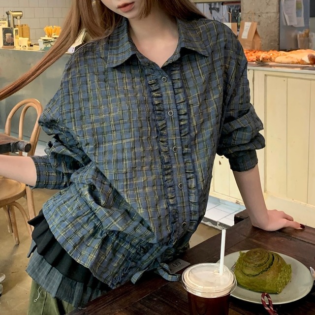 長袖 フリル チェック柄 シャツカラー シャツ　SA10166