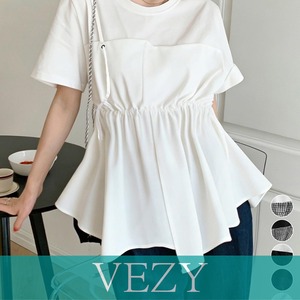 ドッキングペプラムブラウス 半袖トップス ウエストマーク レイヤード風夏服 大人可愛い ウエストギャザートップス 体型カバーカットソーフレアシルエット シャツ VEZY ベジー ItemNo.【24002970】
