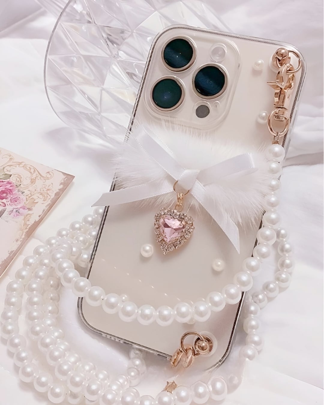 ミンクハートパールチェーンスマホケース 24A02024