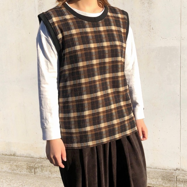 【オーバーサイズ】レトロ感のあるトップス ボリュームチェックベスト｜ブラウンチェック｜画像5
