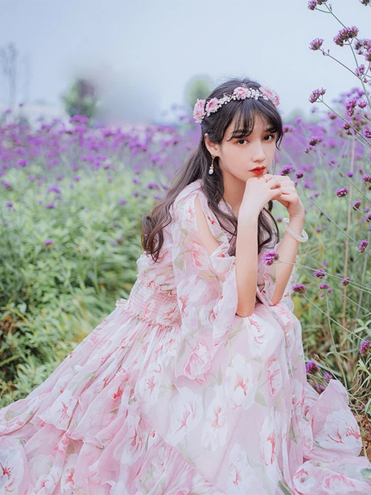 【0062】Pink Flower Chiffon Frill Short Sleeve Dress