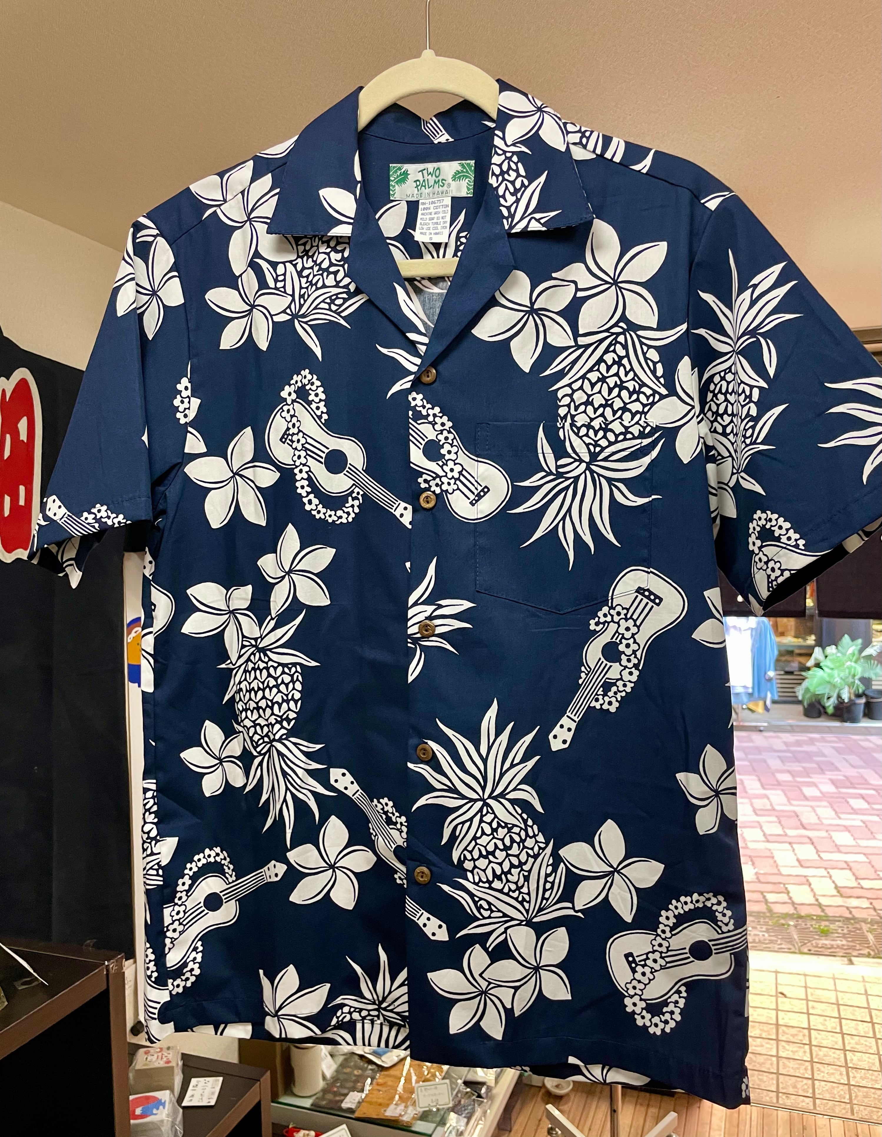 アロハシャツ コットン ハワイ製 Two Palms ウクレレ 紺 | 西村商店