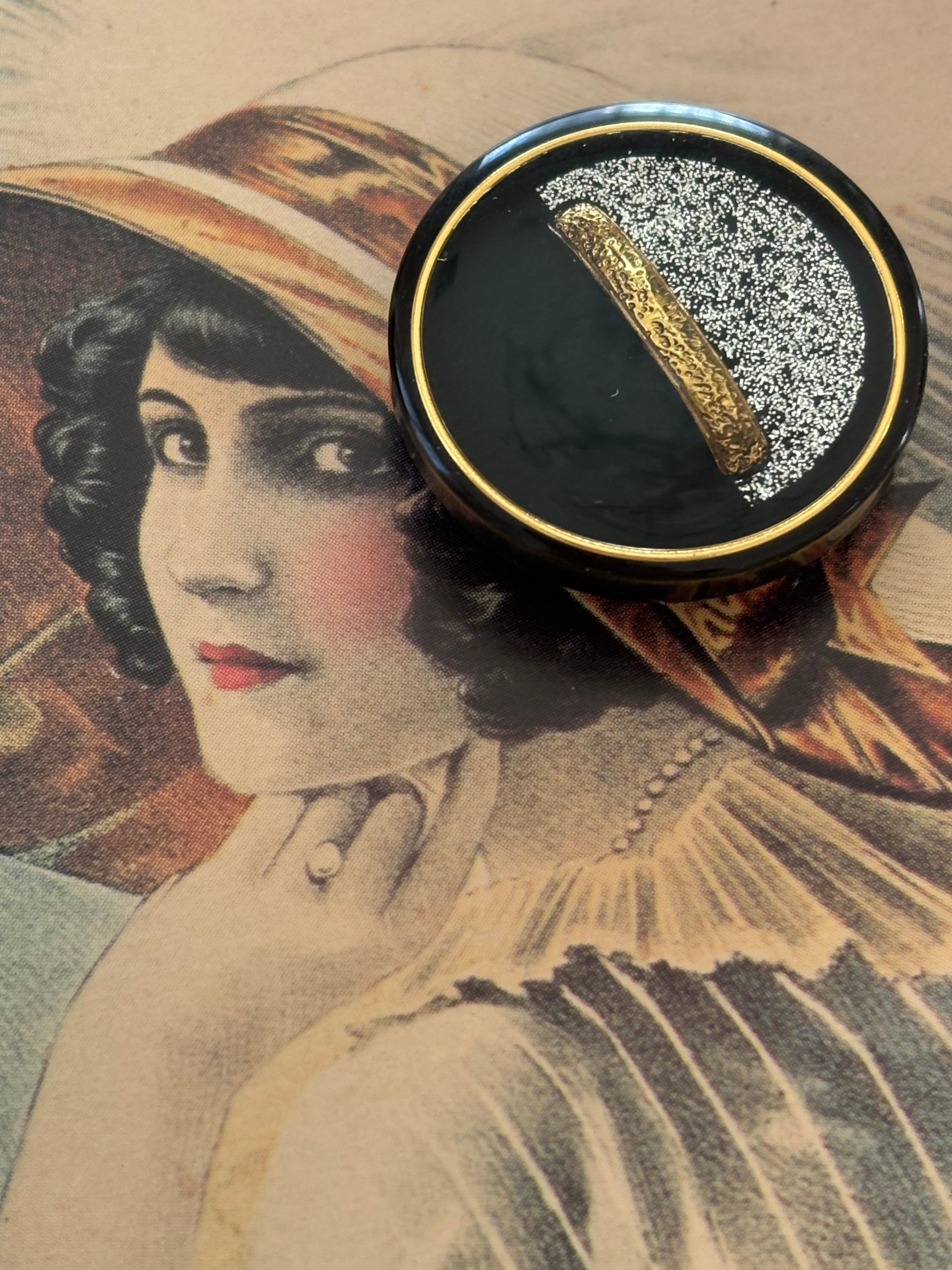 27mm Japanese ヴィンテージボタン 樹脂ボタン ブラック×シルバー×ゴールド グリッター アクセサリーパーツ コレクション