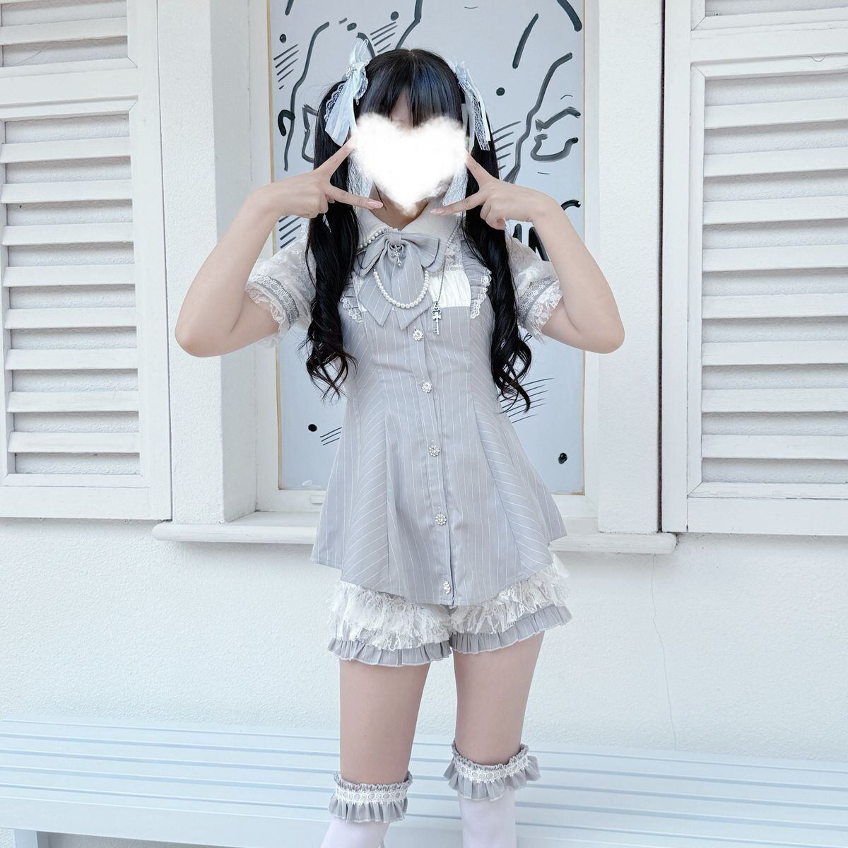 地雷系ストライプ柄パールリボンセットアップ | Maiden's Rêve