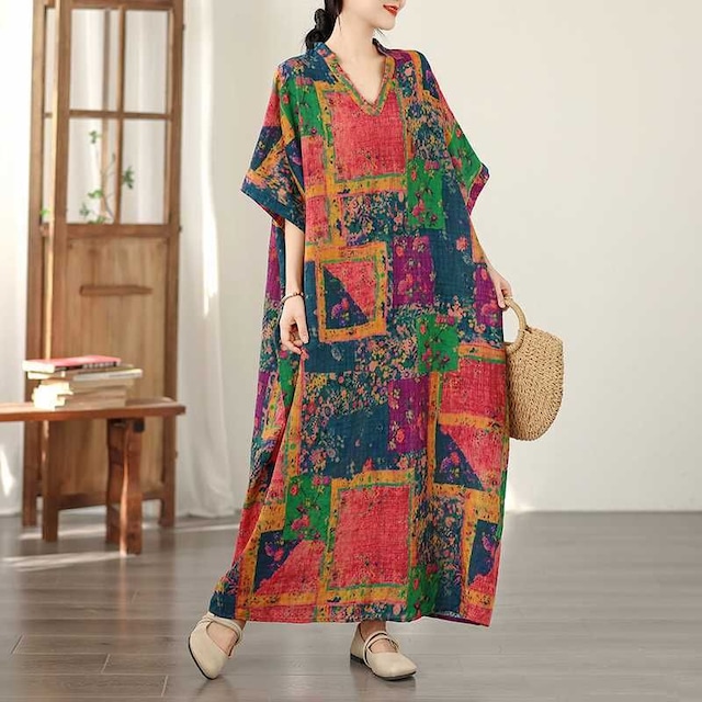 V-NECK FLORAL PRINT LOOSE MAXI LINEN DRESS M-17773