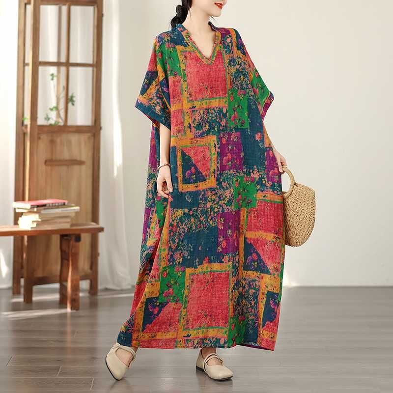 V-NECK FLORAL PRINT LOOSE MAXI LINEN DRESS M-17773