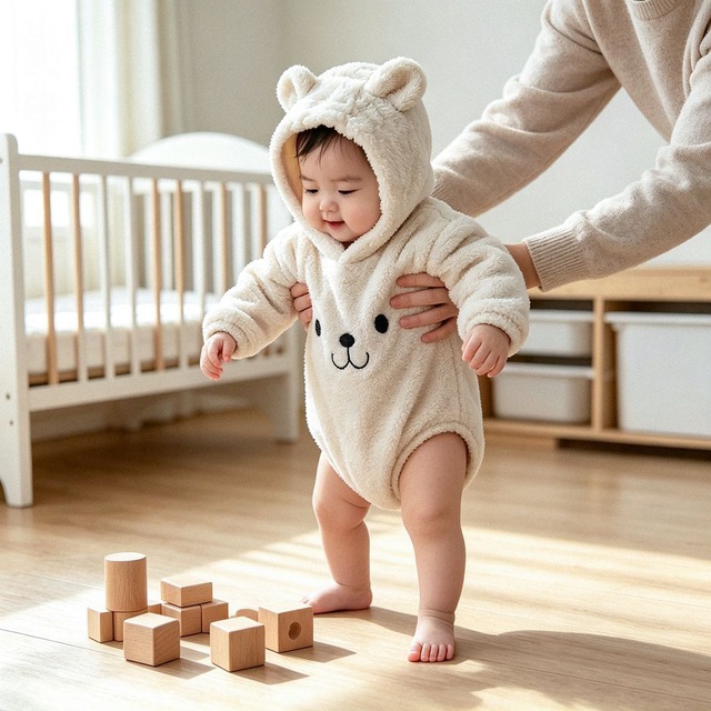 【BABY】もこもこクマ帽子付きロンパース